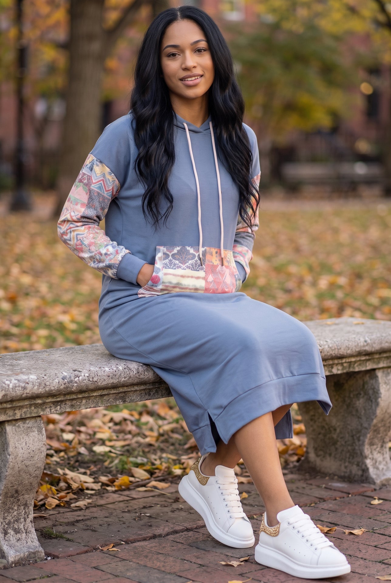 Model wearing Nuggles®  Hoodie Dress in Boho Mosaic