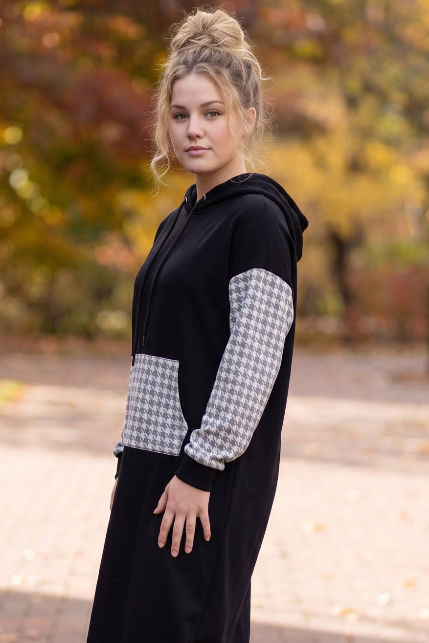 Model wearing Nuggles®  Hoodie Dress in Cookie Check
