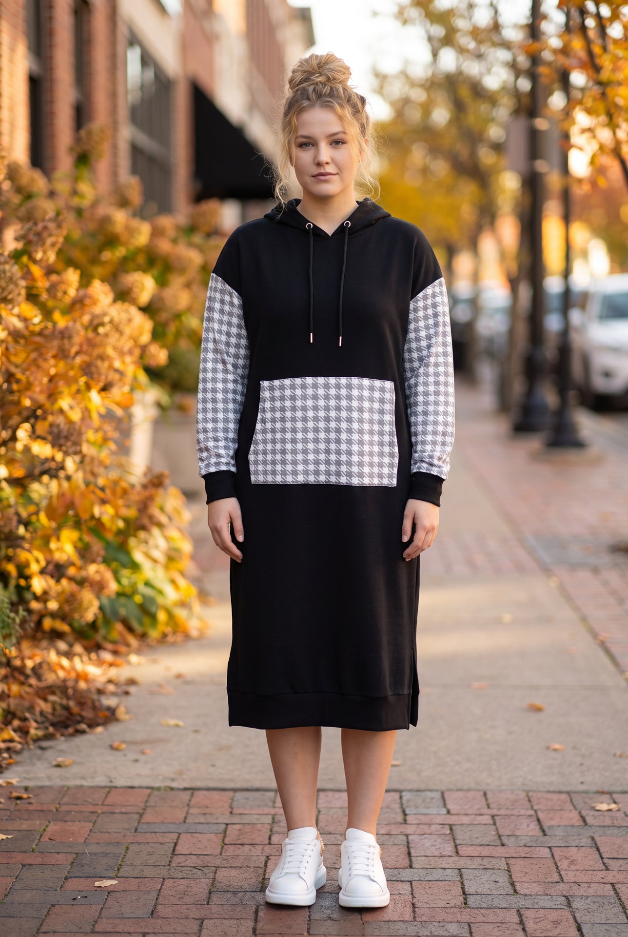 Model wearing Nuggles®  Hoodie Dress in Cookie Check