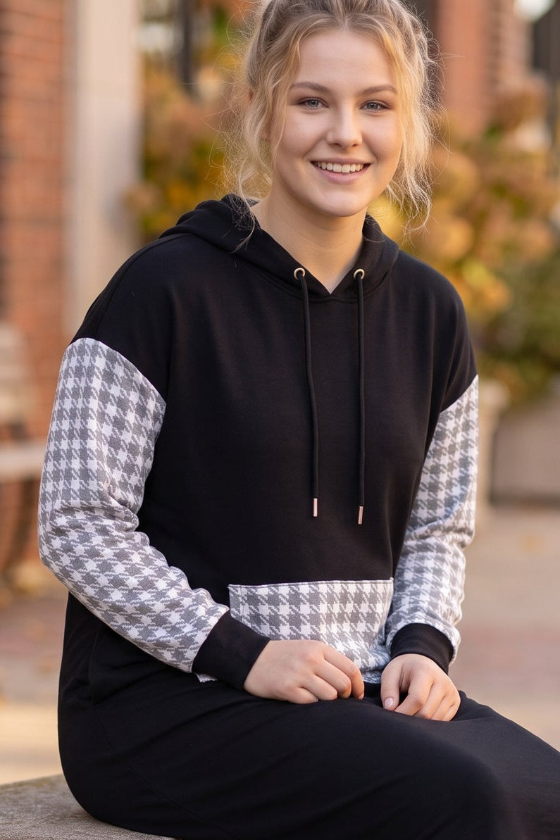 Model wearing Nuggles®  Hoodie Dress in Cookie Check