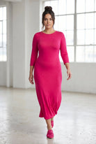 Model wearing Nuggles® Tea Layering Dress in Hot Pink