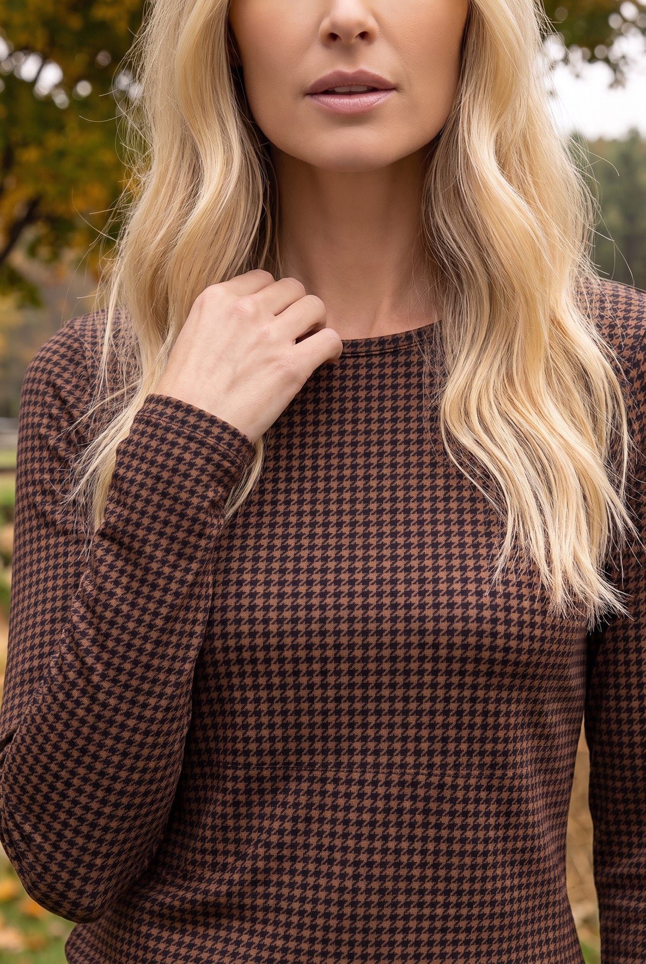 Model wearing Nuggles®  Long Sleeve Essential Tee in Houndstooth