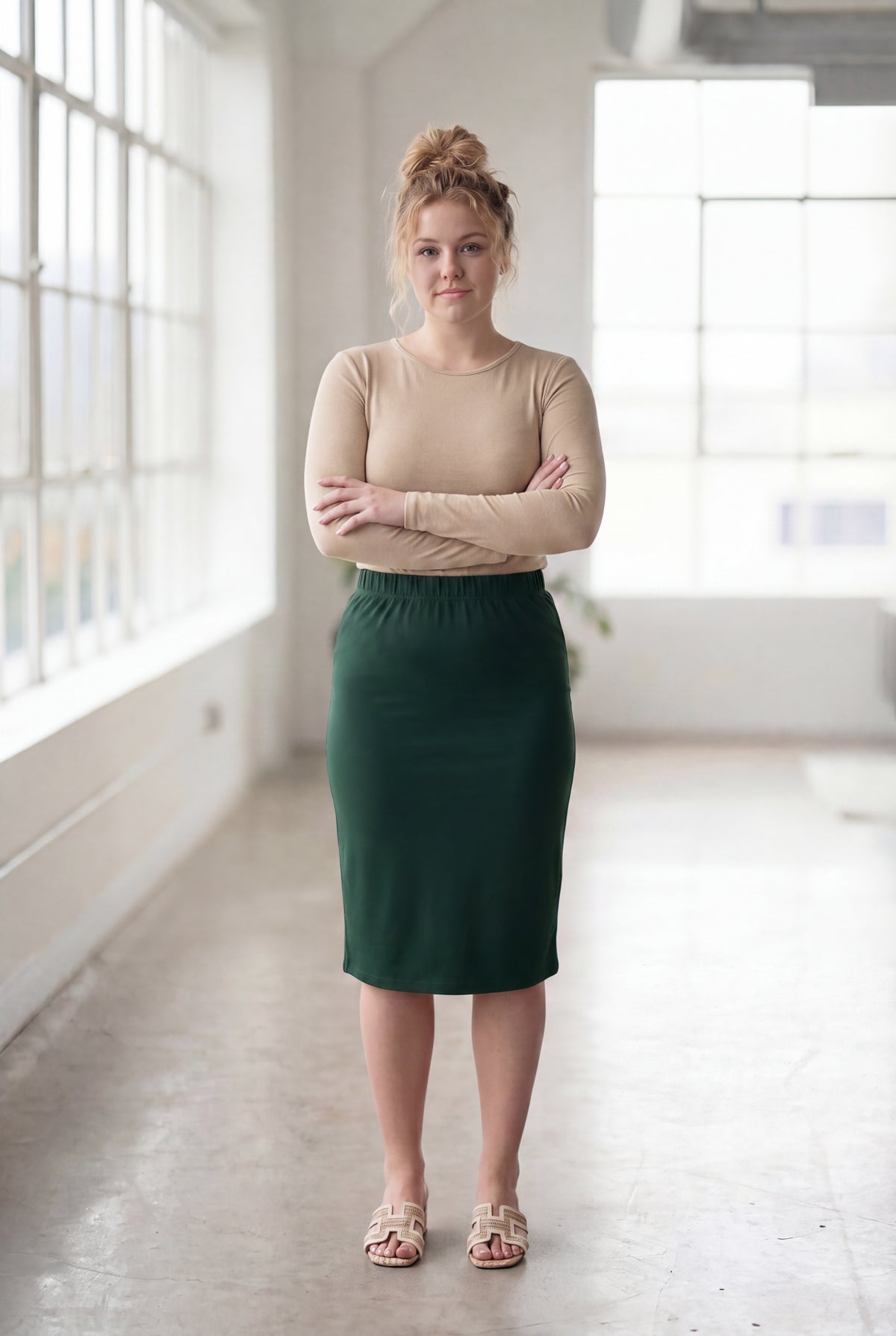 Model wearing Nuggles®  27" Classic Skirt in Hunter Green