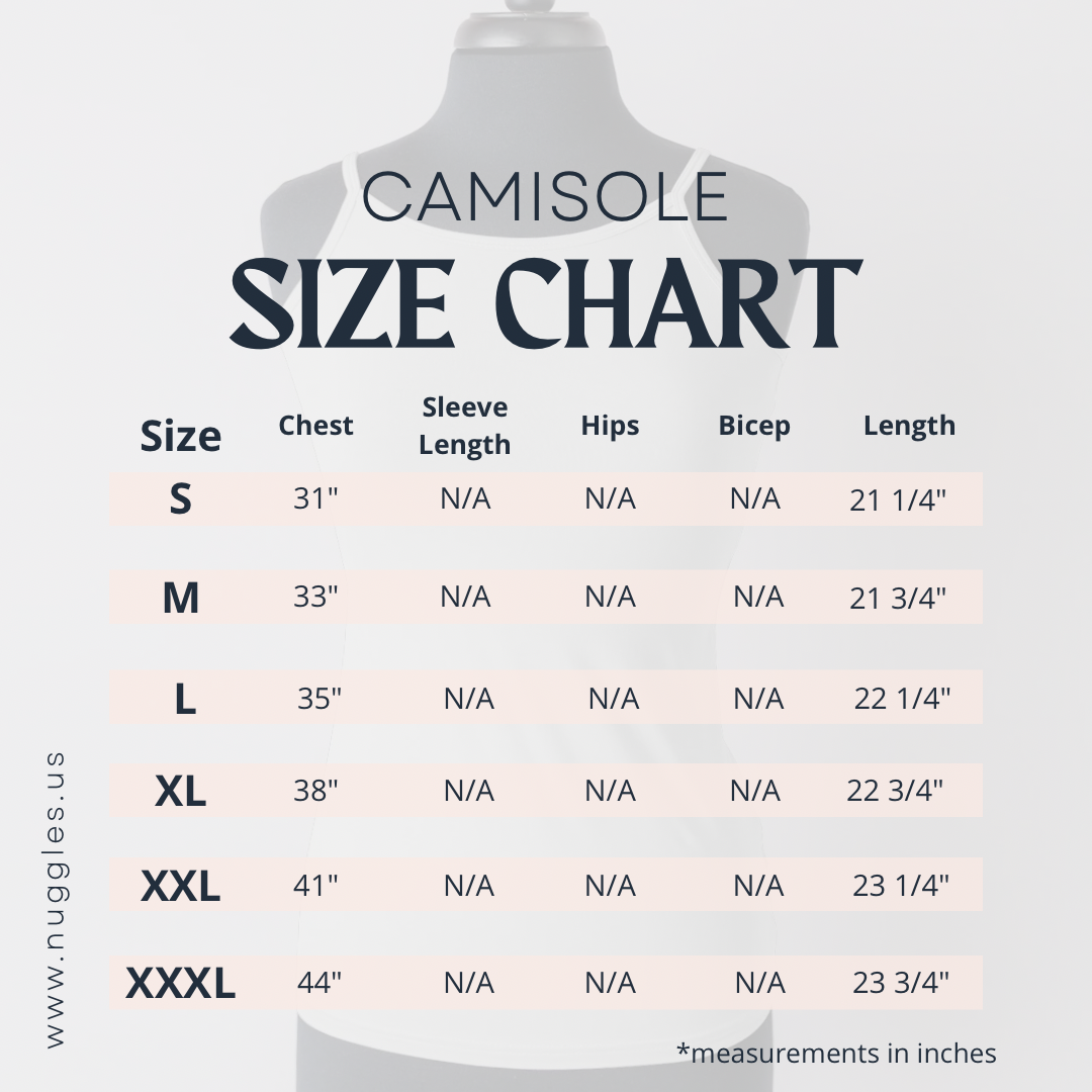 Nuggles camisole size chart showing sizes S to XXL with corresponding chest measurements in inches.