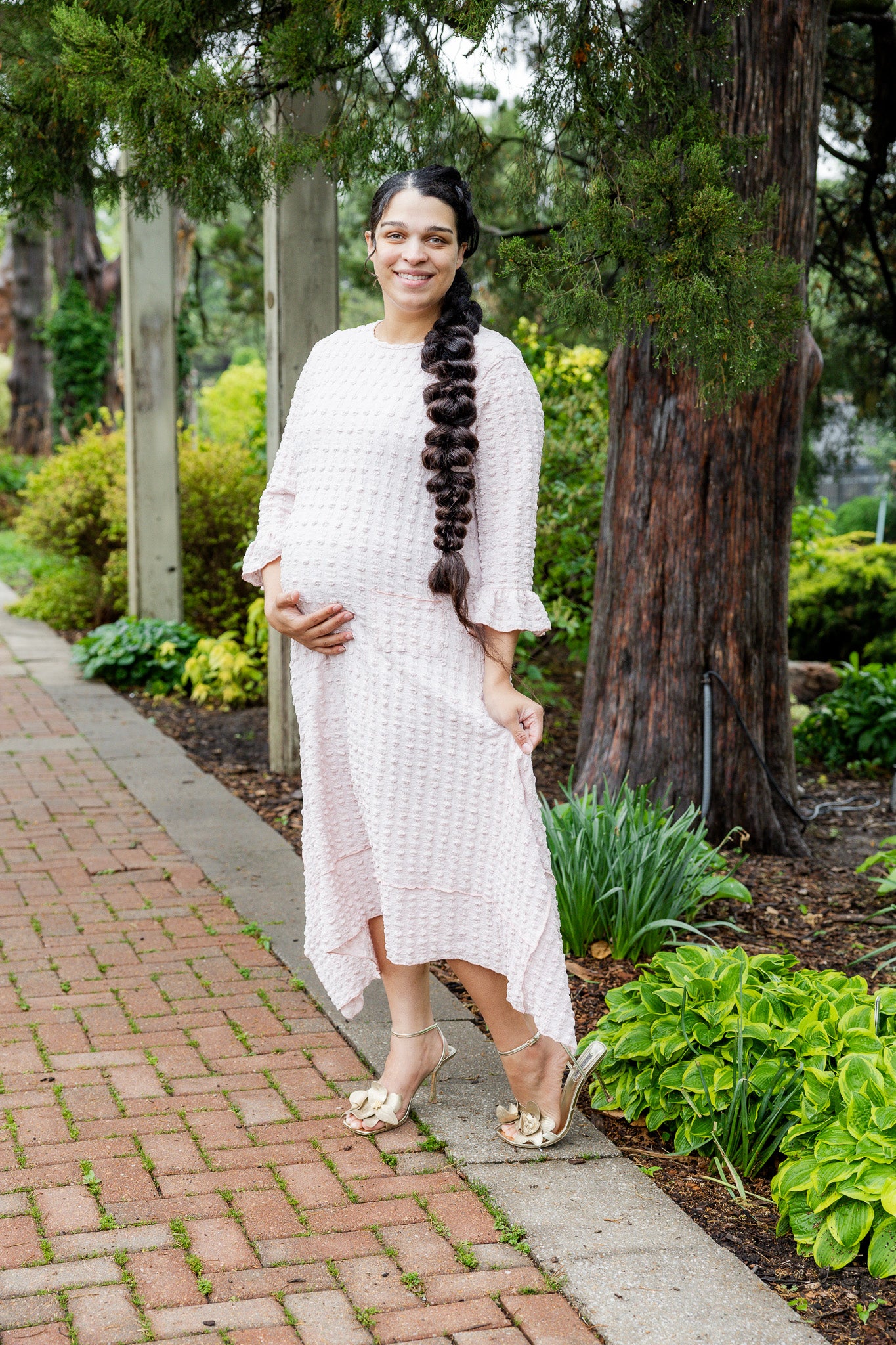 Mommy and Me matching dresses – Model in textured Daphne Dress.