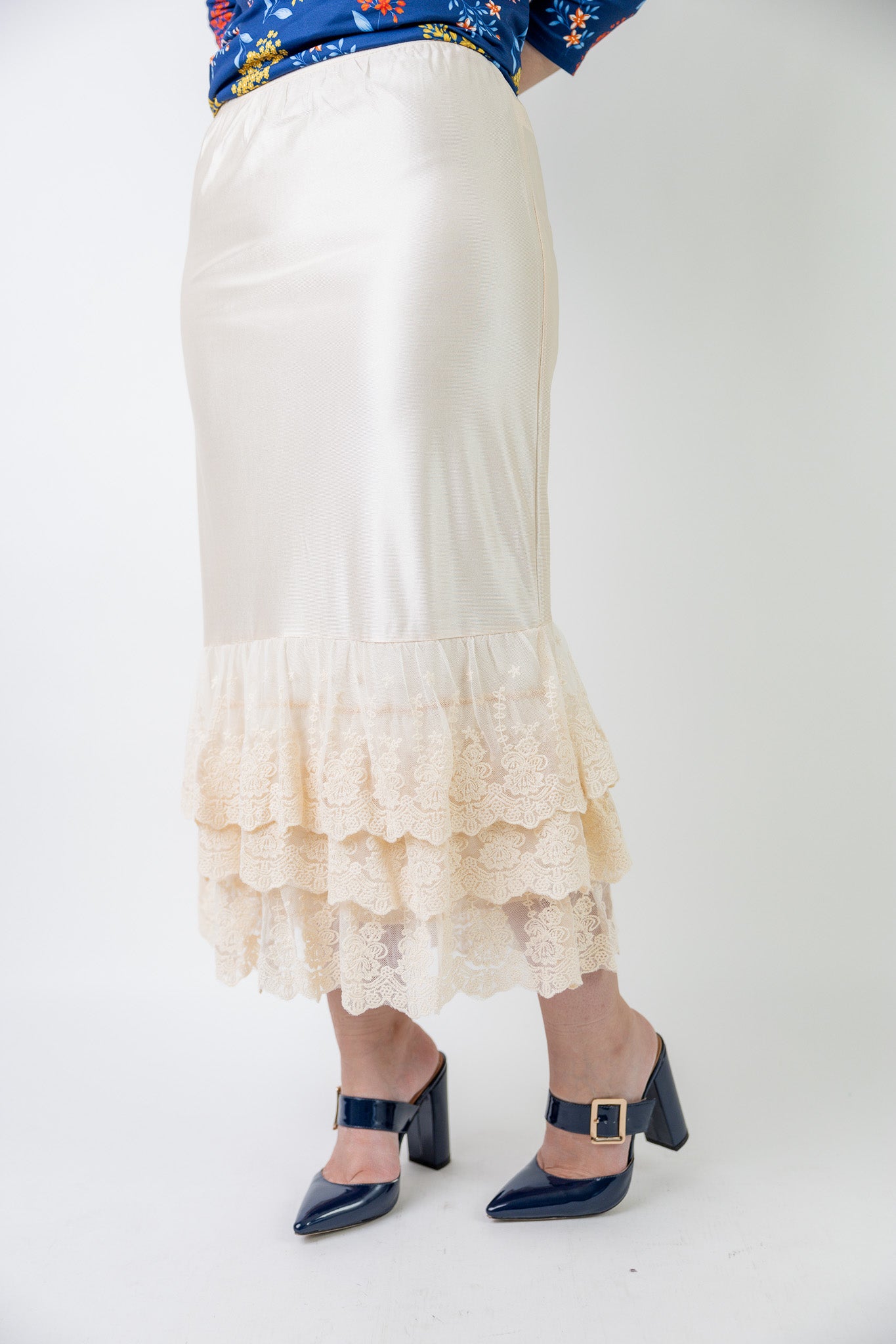 Nuggles® Lace Layering Slip with triple lace ruffle hem – modest slip for women