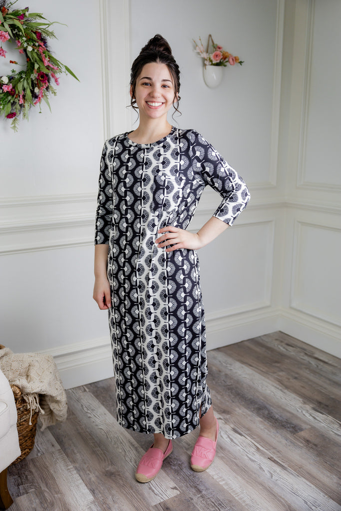 arrie high low modest top print long