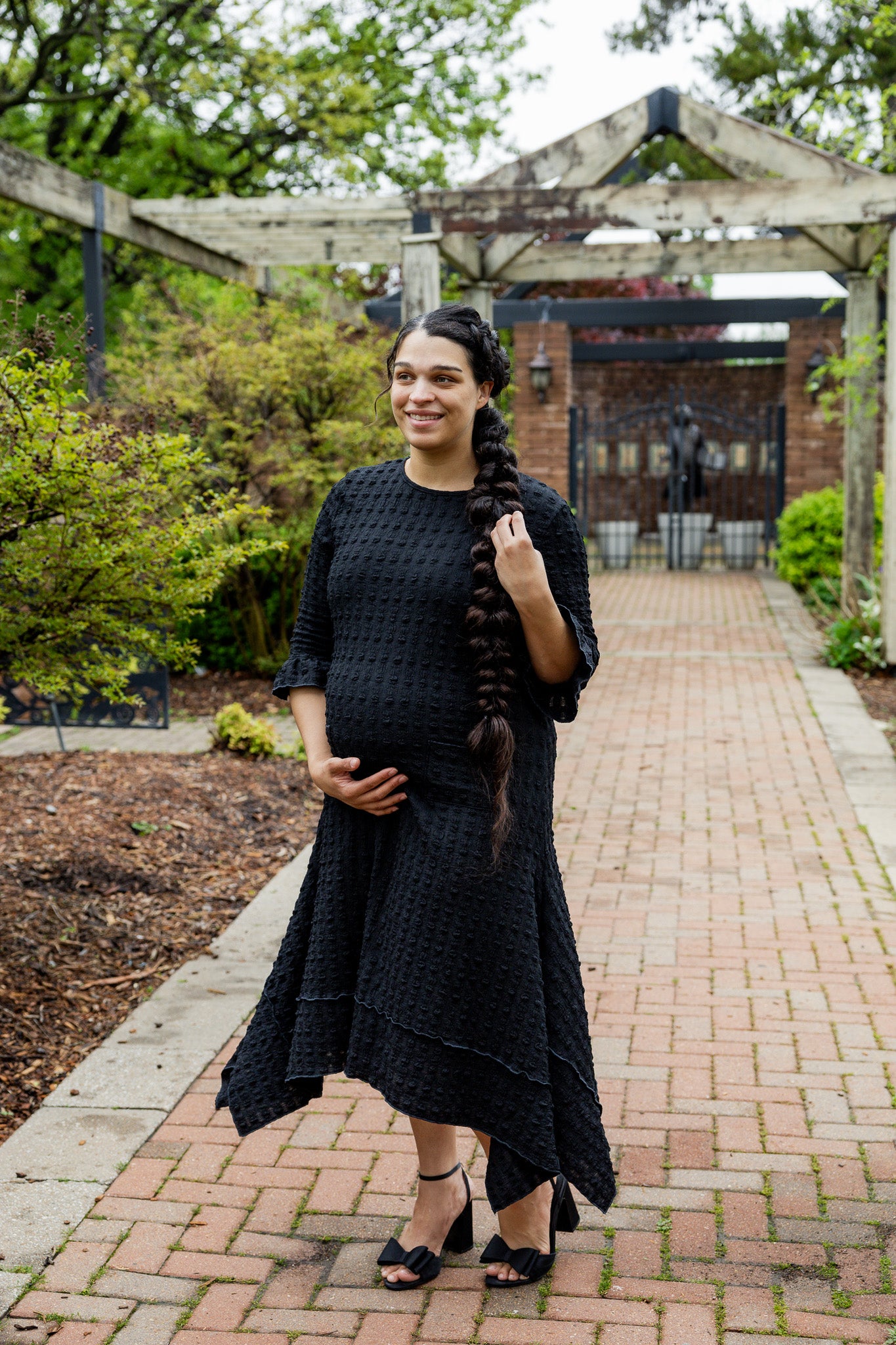 Mommy and Me matching dresses – Model in textured Daphne Dress.
