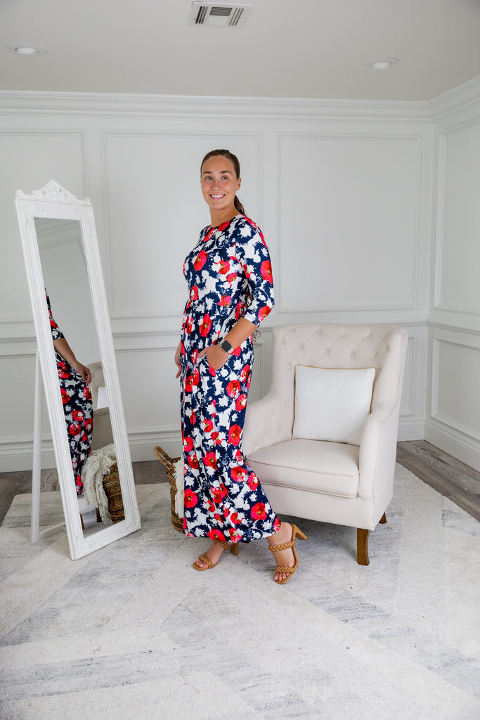 maxi modest dress 3/4 sleeve prints