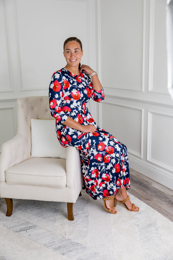 maxi modest dress 3/4 sleeve prints