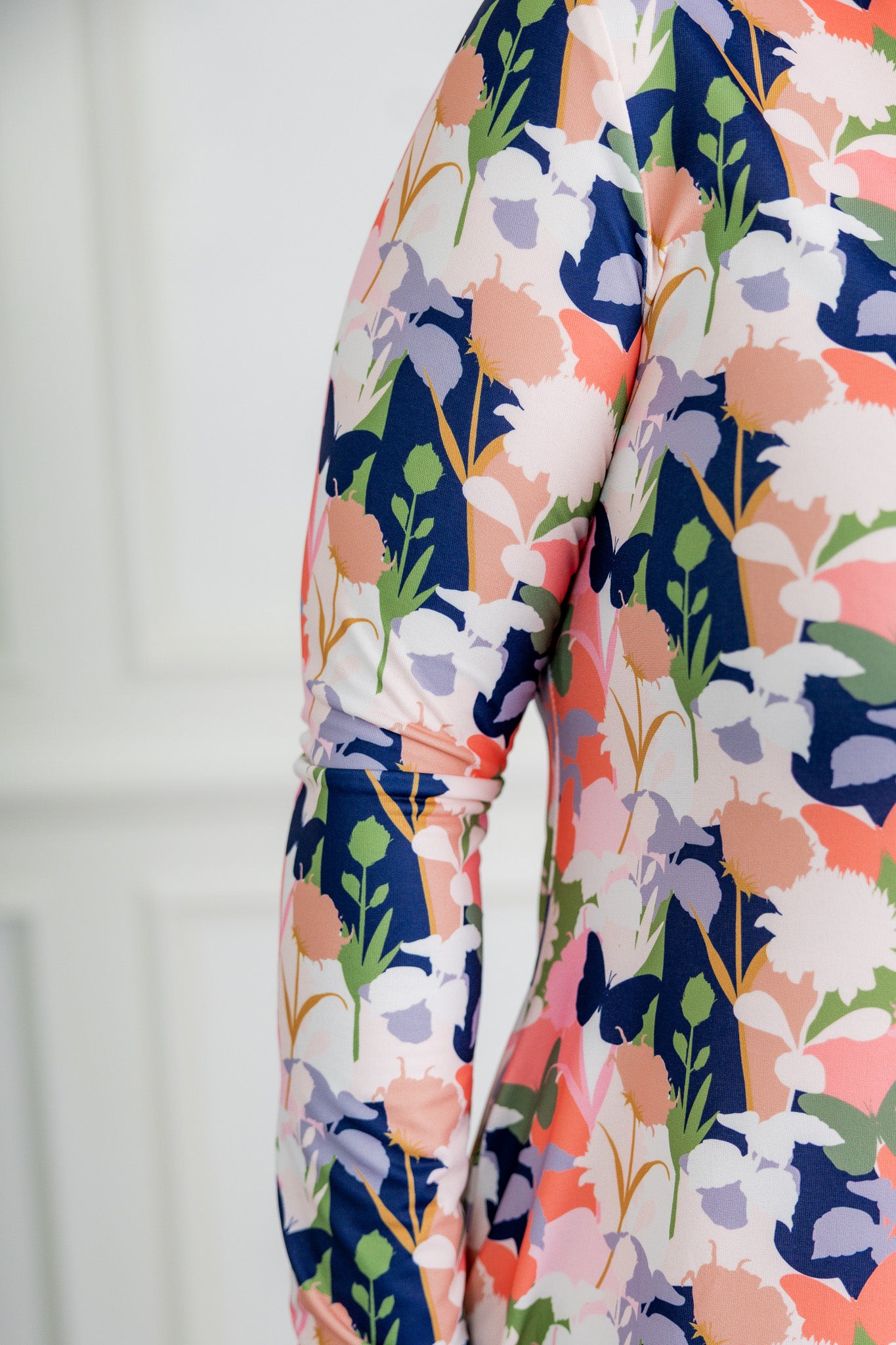 Close-up of a floral-patterned garment with a white background