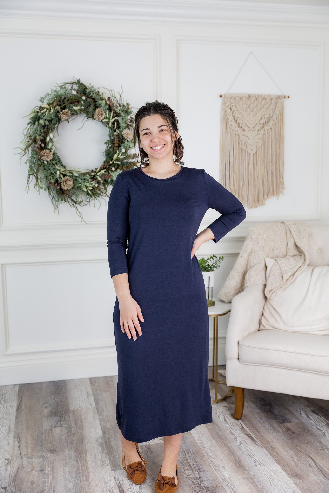 Model wearing  Nuggles® Original Style Midi Layering Dress in soft cotton knit