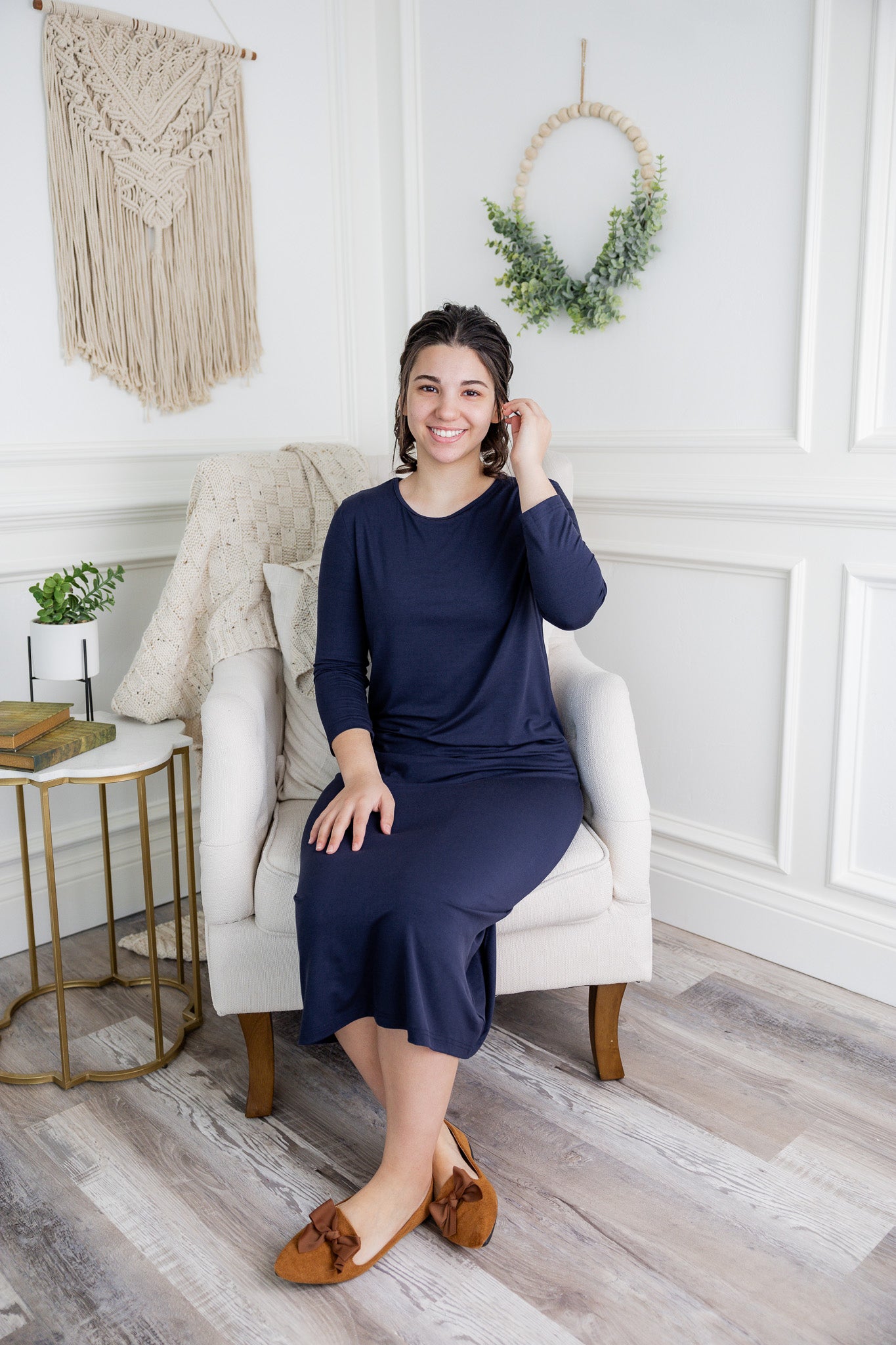 Model wearing  Nuggles® Original Style Midi Layering Dress in soft cotton knit