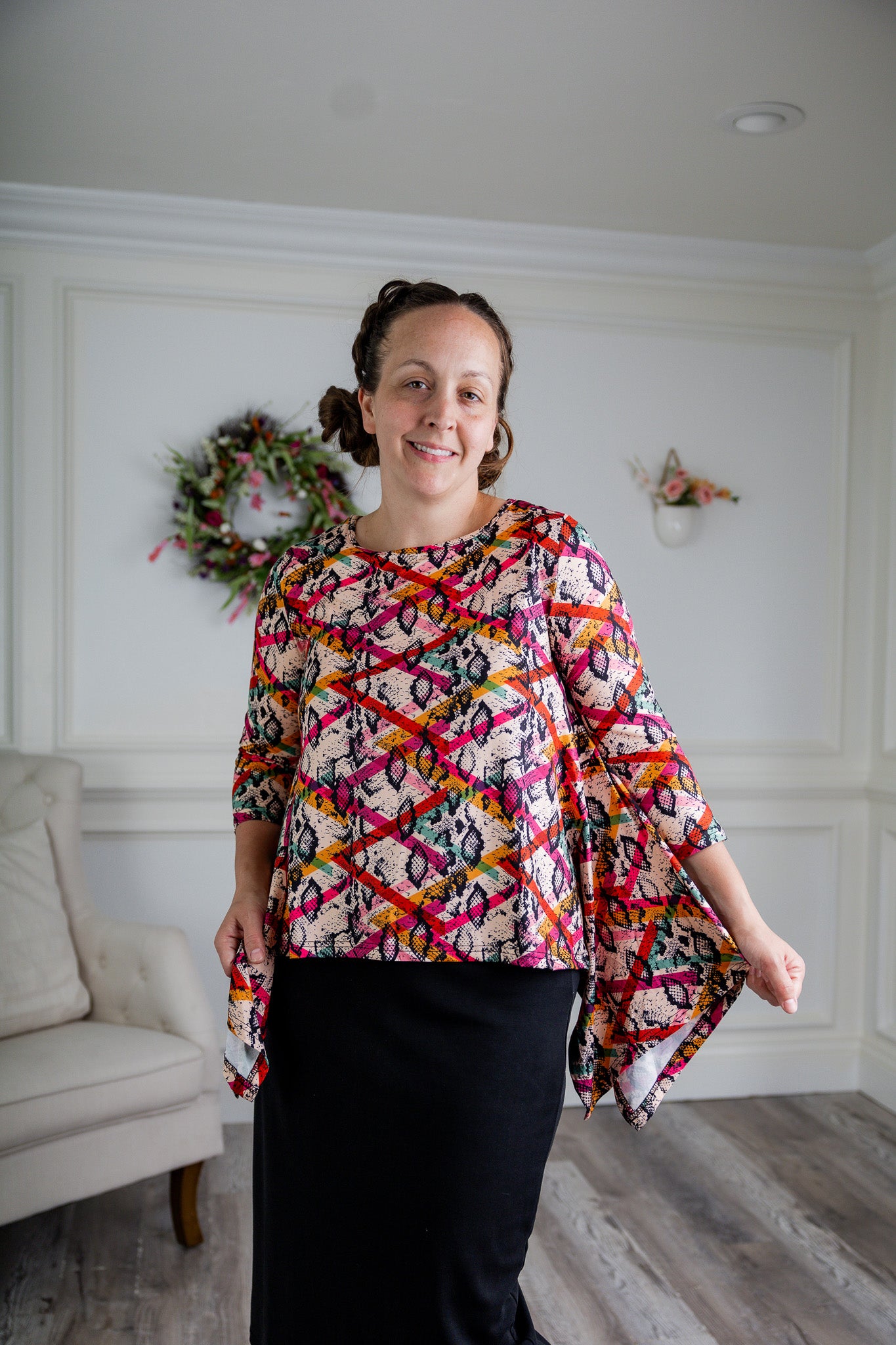  modest new norie top with pretty prints flowy