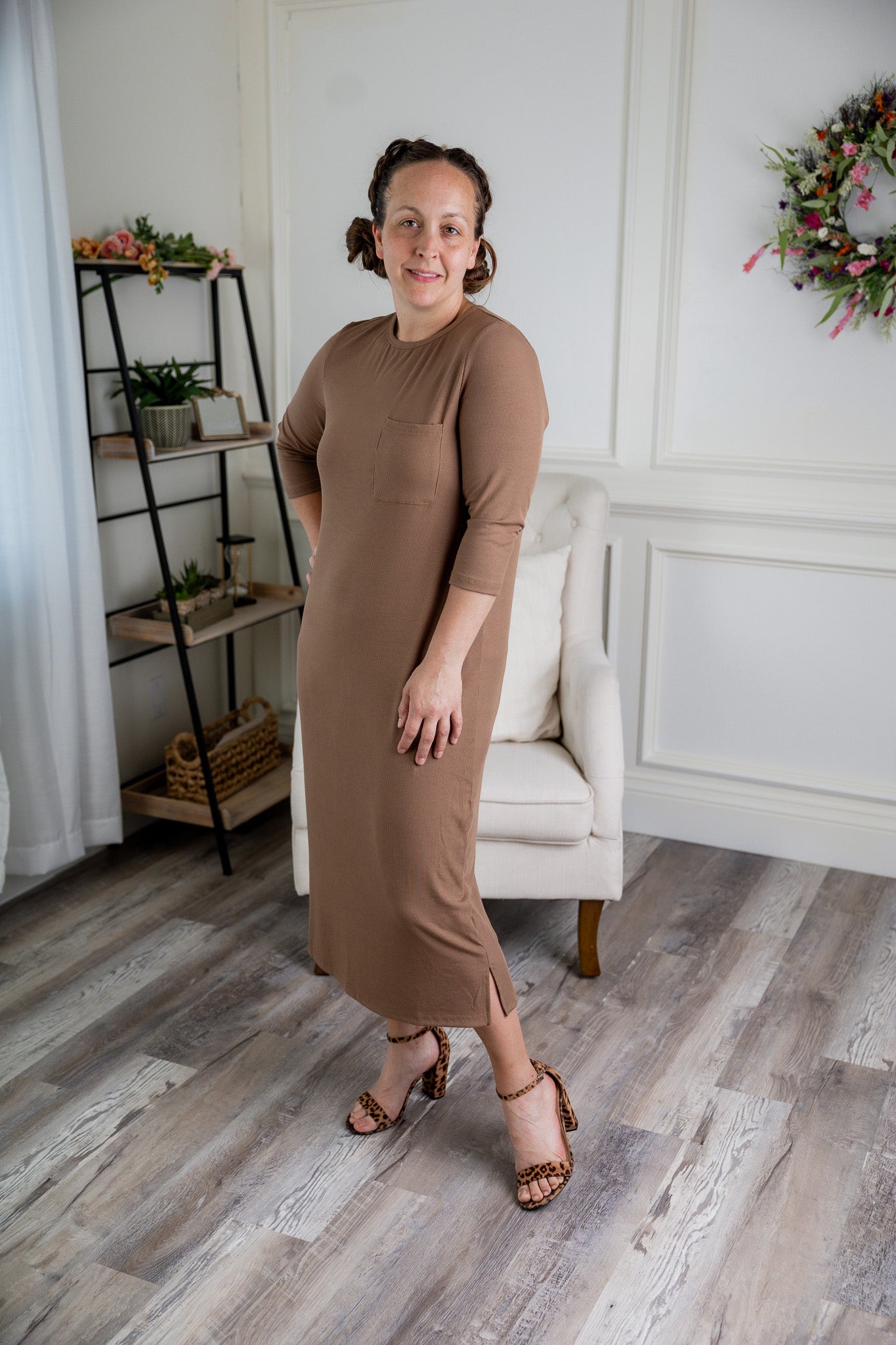Nuggles® Allie Dress – Modest ribbed knit T-shirt dress with 3/4 sleeves and front pocket.
