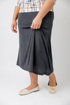 Nuggles® Renee Slinky Skirt – modest midi skirt in soft slinky stretch fabric, styled for everyday and dressy wear.