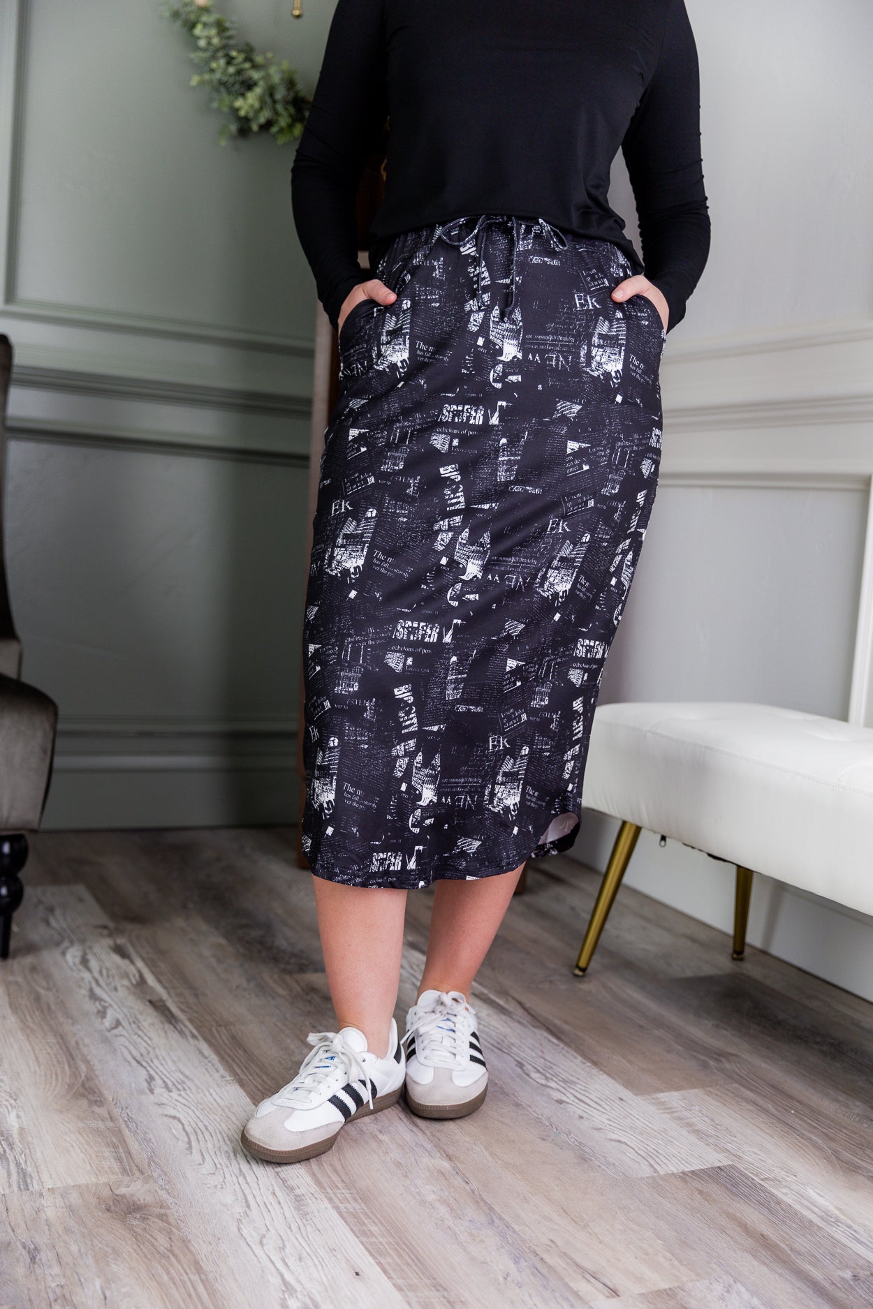 Model wearing Modest Nuggles® 31" Drawstring Skirt in Night in the Sky