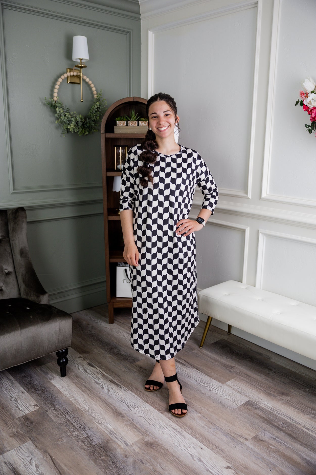 Model wearing Nuggles®  Heather Dress in Wavy Checkerboard