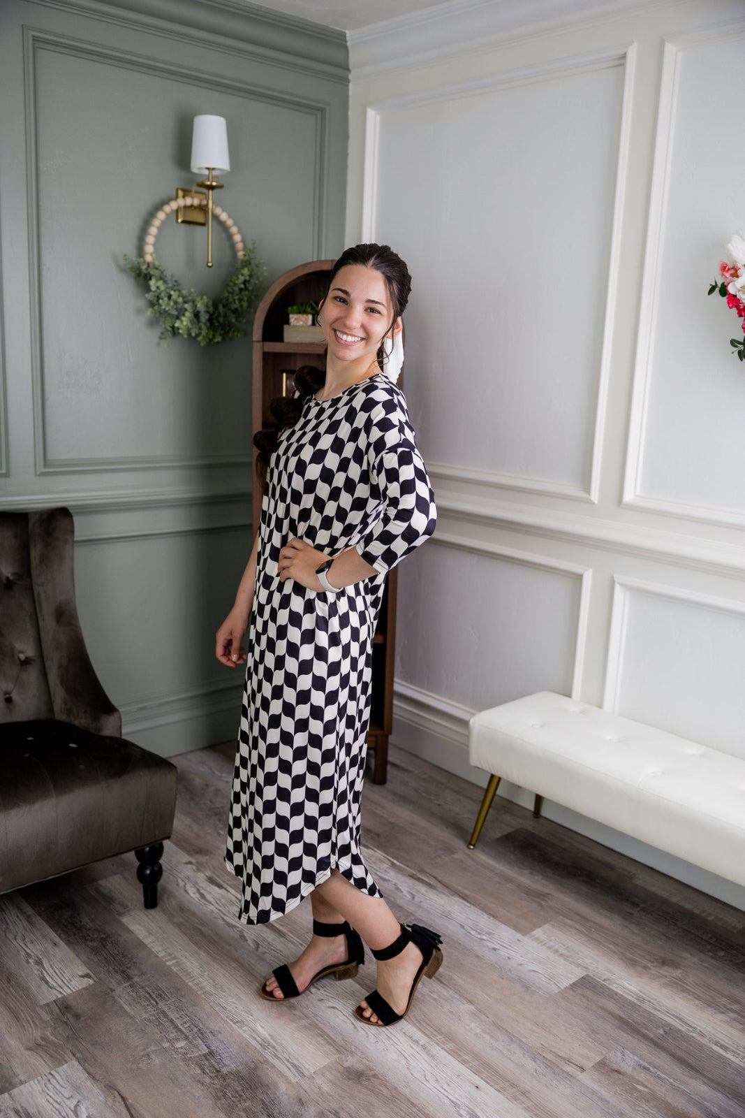 Model wearing Nuggles® Heather Dress in Wavy Checkerboard 