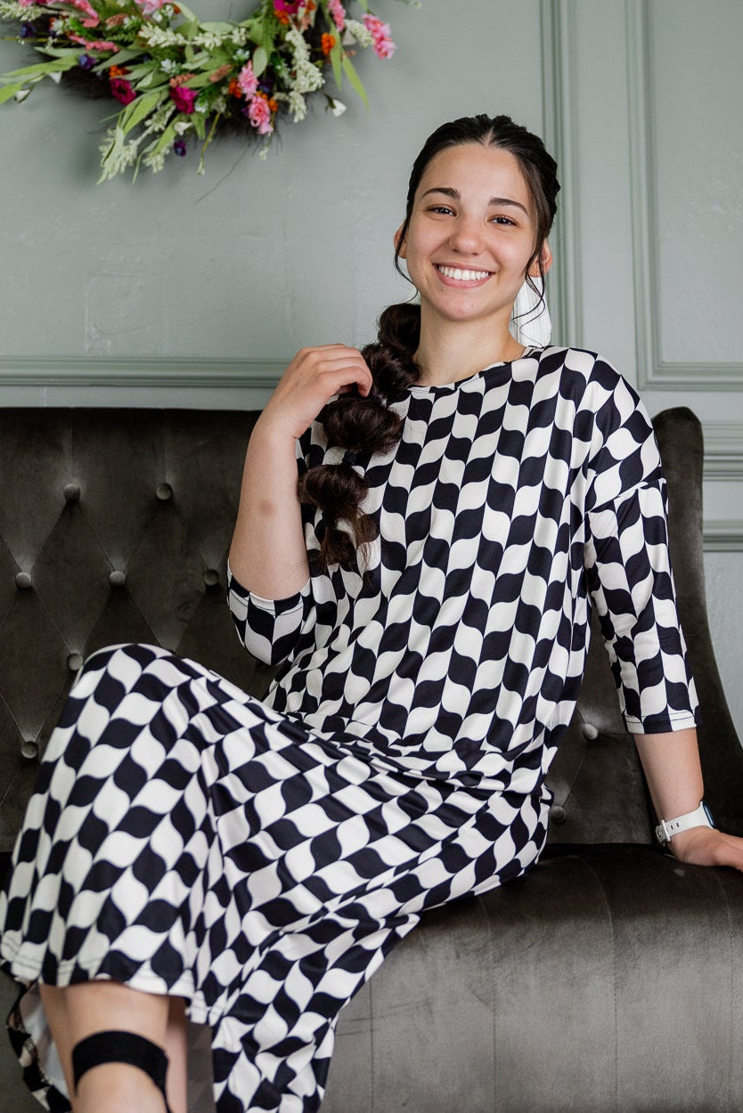 Model wearing Nuggles®  Heather Dress in Wavy Checkerboard