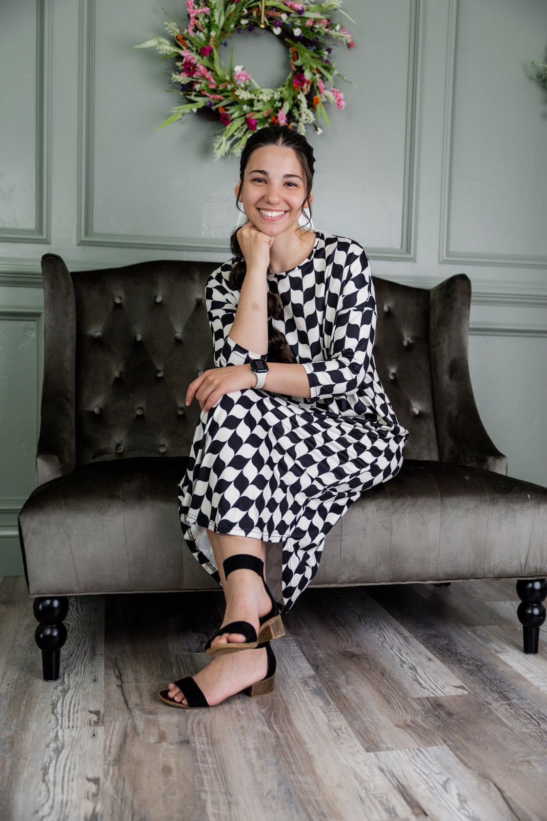 Model wearing Nuggles® Heather Dress in Wavy Checkerboard 