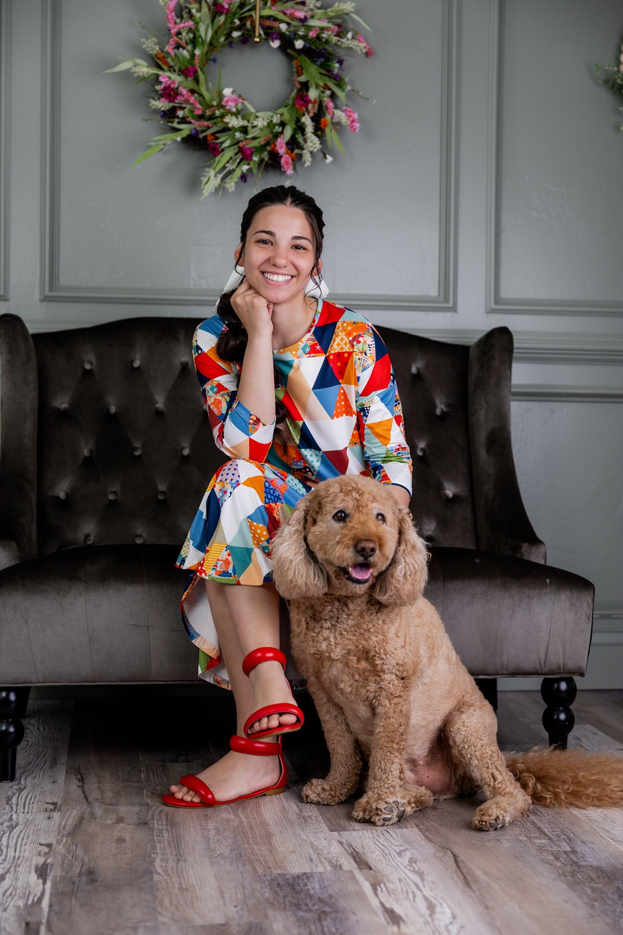 Model wearing Nuggles®  Heather Dress in Triangle Taffy