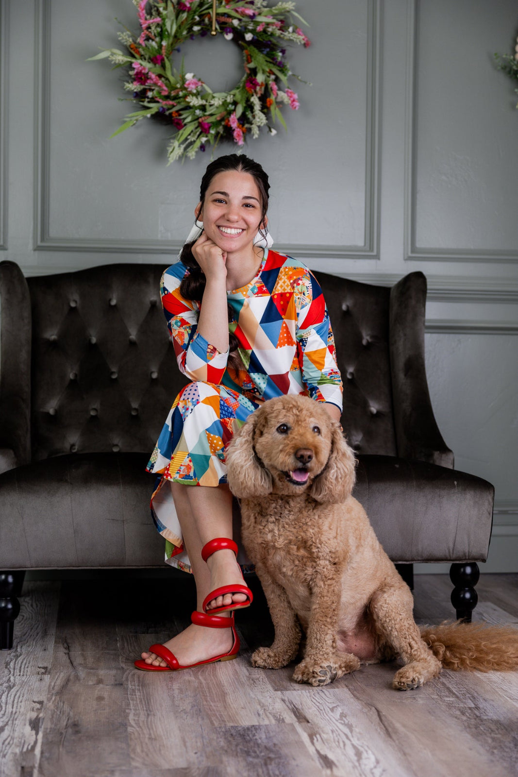 Model wearing Nuggles® Heather Dress in Triangle Taffy 