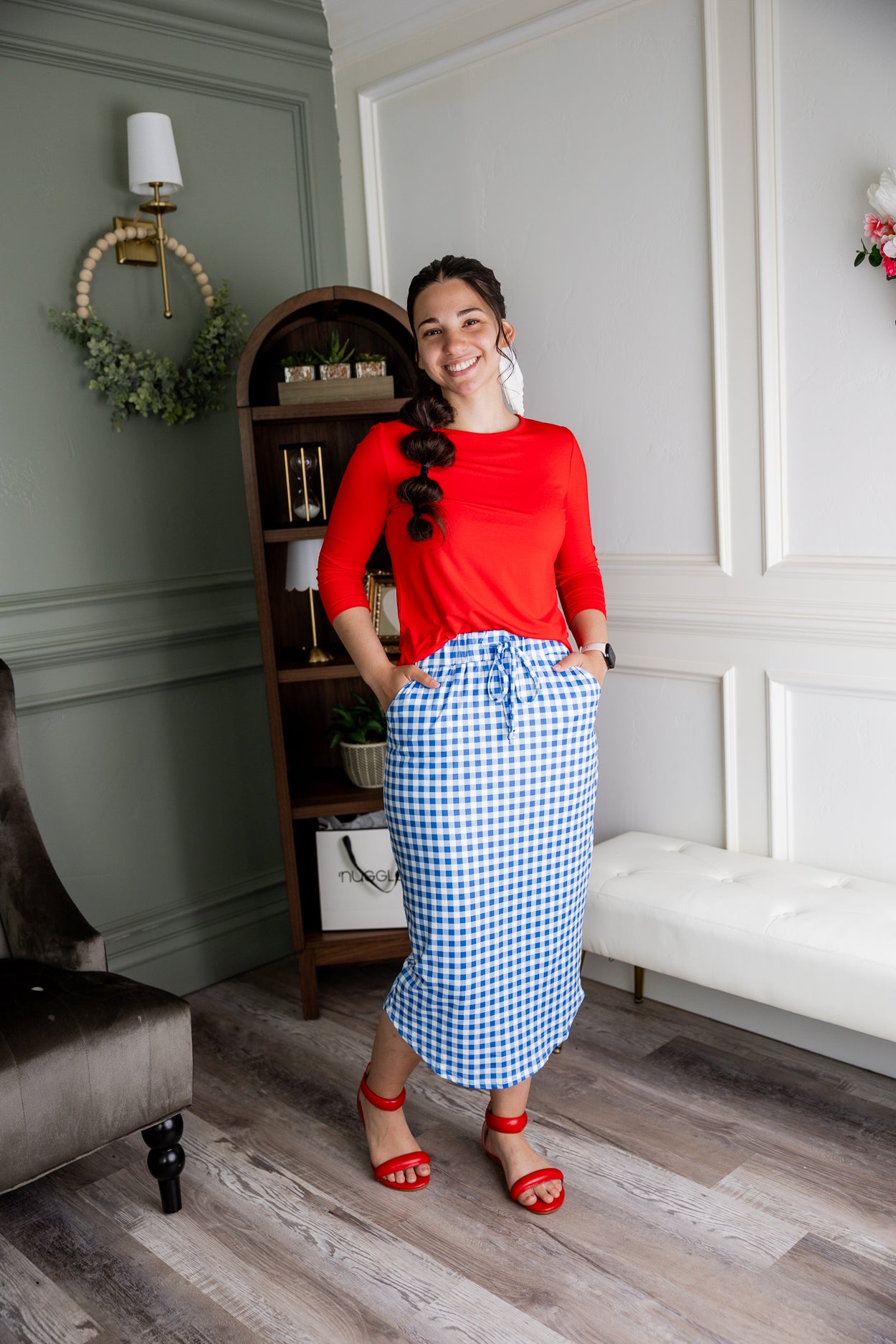 Model wearing Modest Nuggles® 31" Drawstring Skirt in Sky Gingham