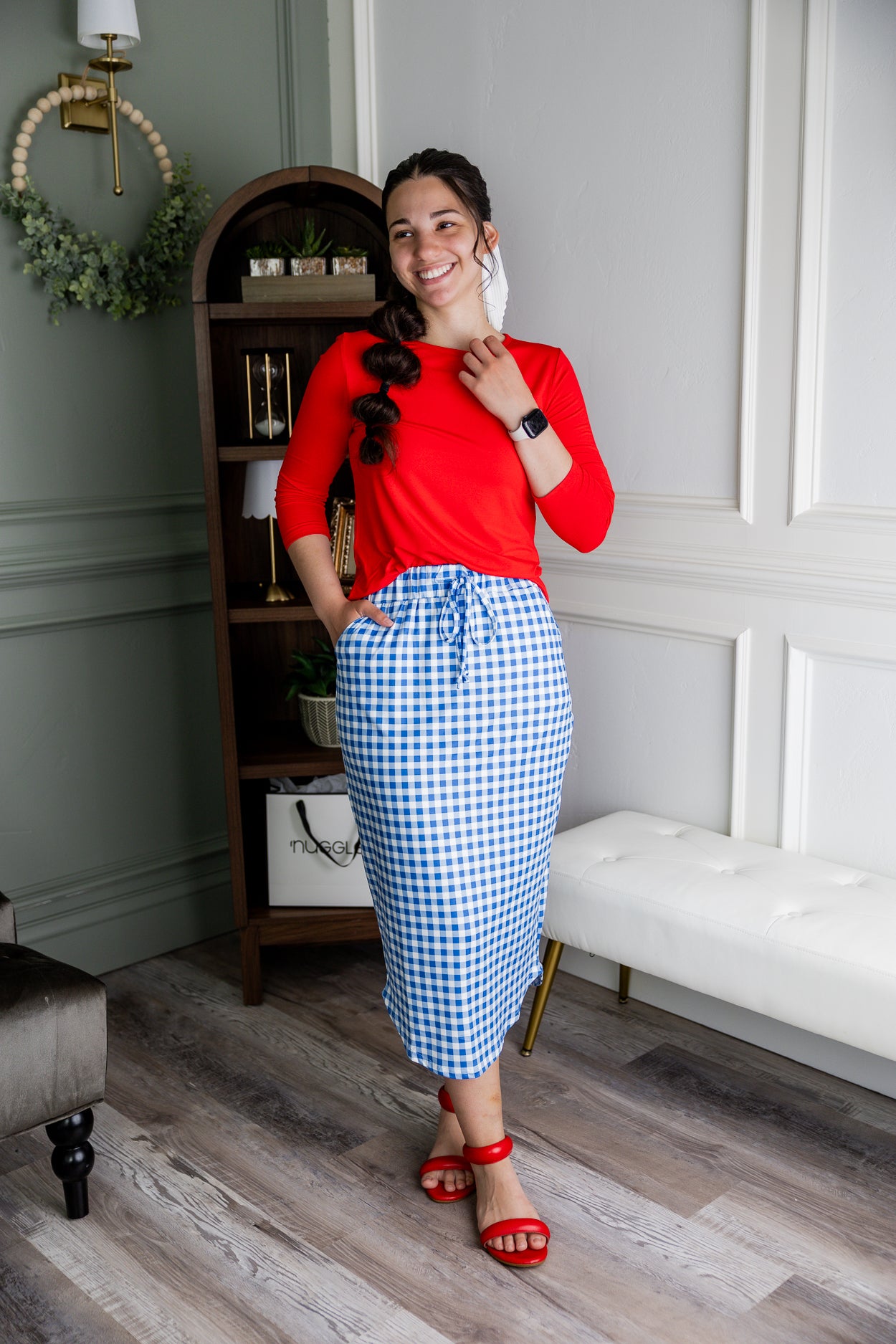 Model wearing Modest Nuggles® 31" Drawstring Skirt in Sky Gingham
