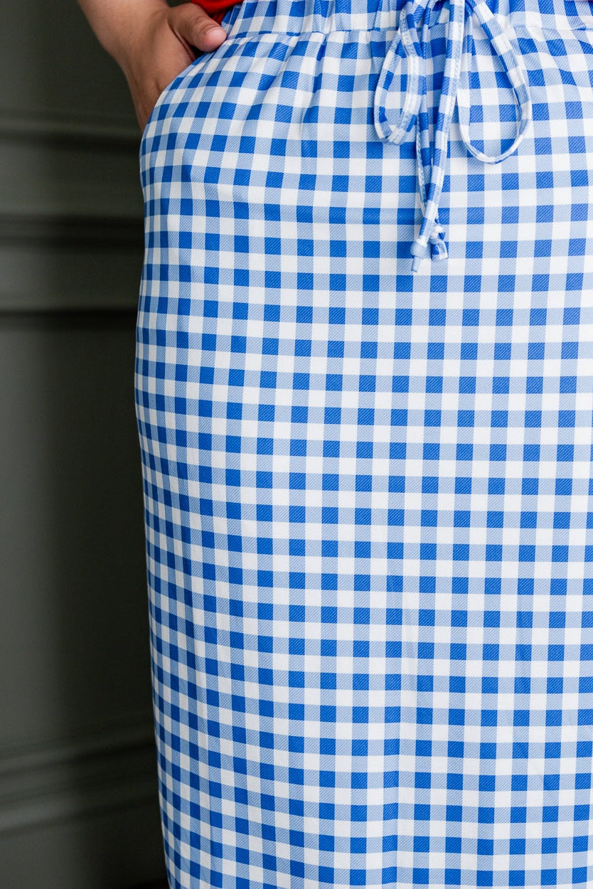 Model wearing Modest Nuggles® 31" Drawstring Skirt in Sky Gingham