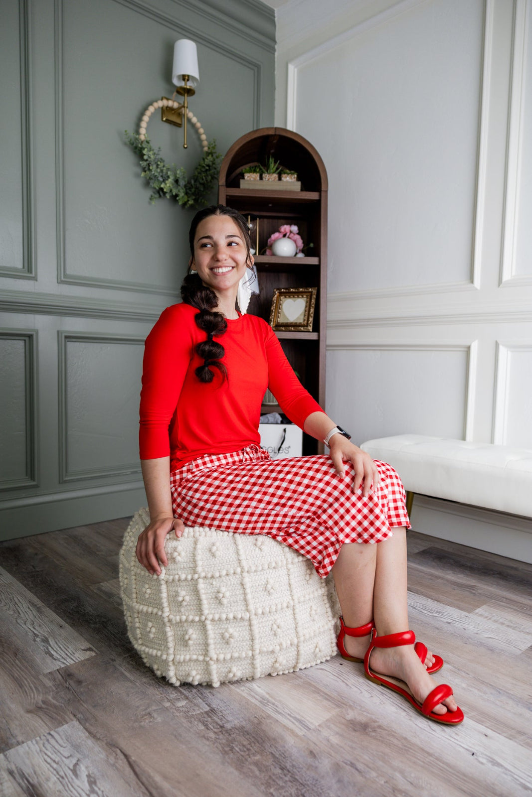 Model wearing Nuggles® 27" Drawstring Skirt in Cherry Jam