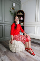 Model wearing Nuggles® 27" Drawstring Skirt in Cherry Jam