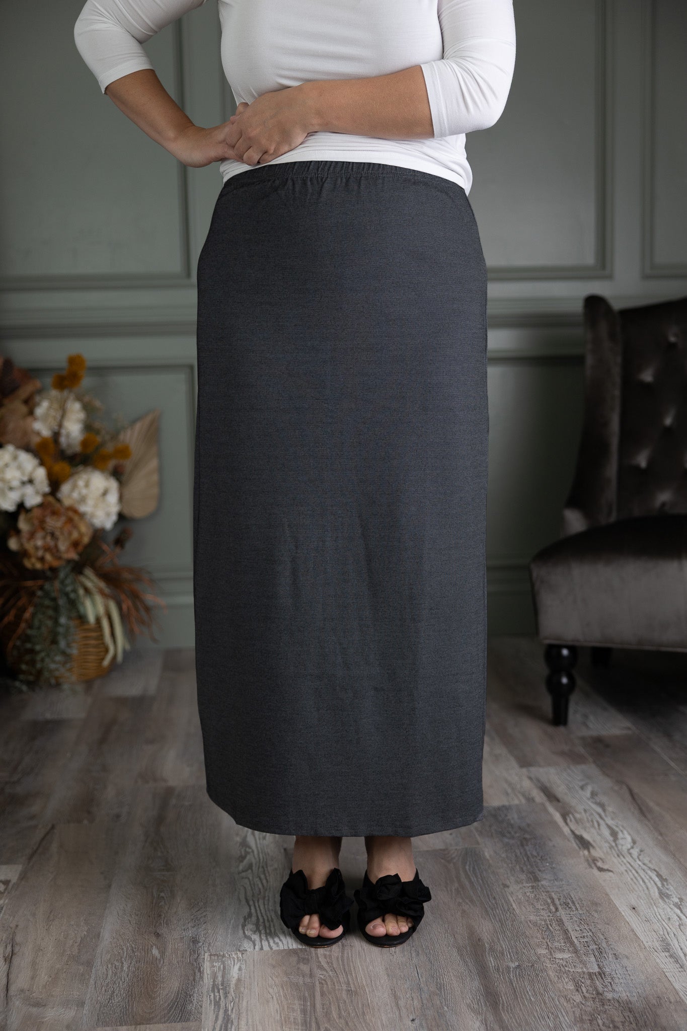 Nuggles® modest midi skirt in [color/print] – soft knit, no-iron, available in 27", 31", 34" lengths.