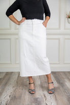 Modest denim skirt with stretch waistband and front/back pockets – available in 27", 31", and 34" lengths – Nuggles® exclusive
