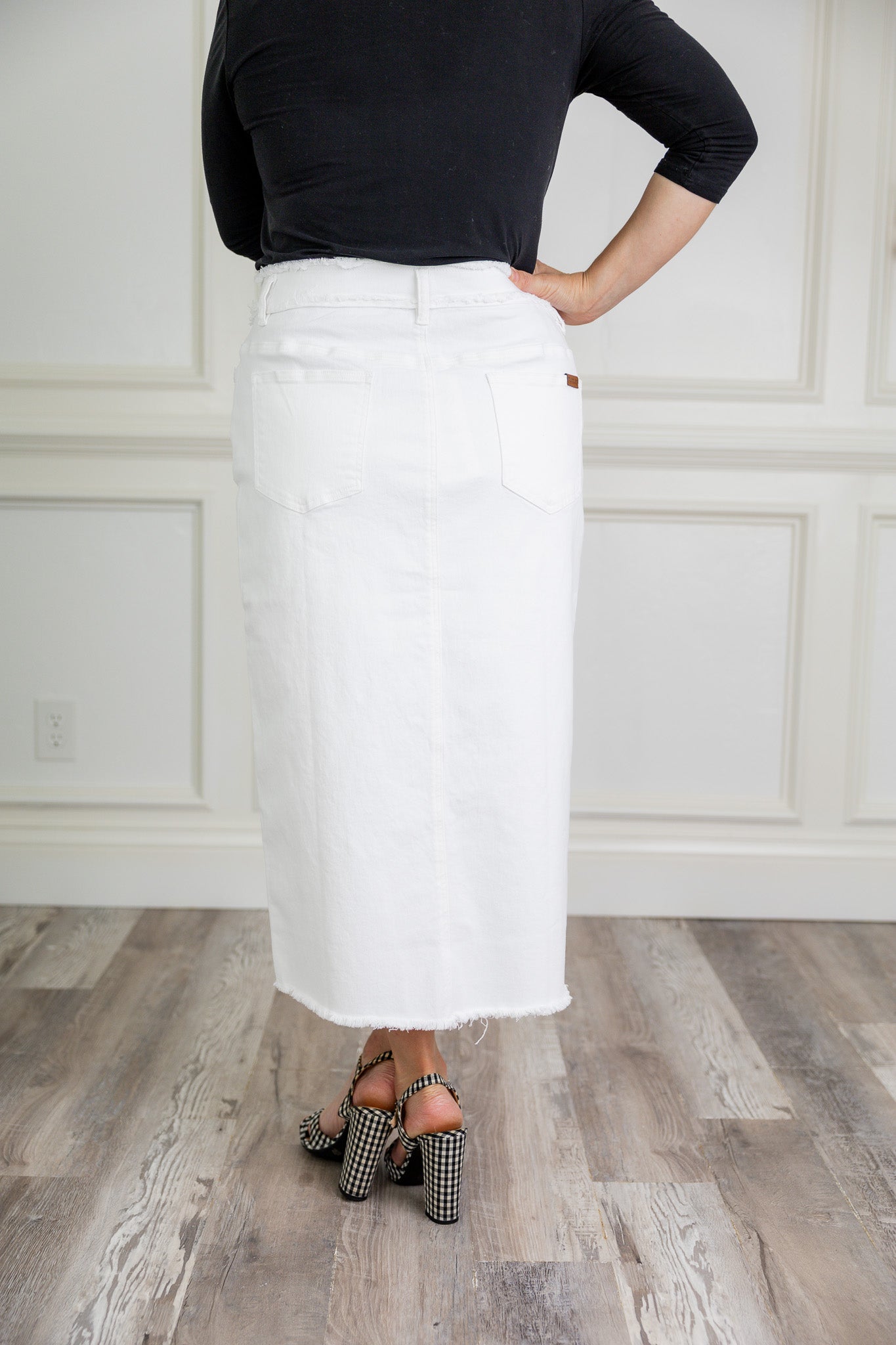 Modest denim skirt with stretch waistband and front/back pockets – available in 27", 31", and 34" lengths – Nuggles® exclusive