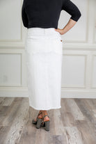 Modest denim skirt with stretch waistband and front/back pockets – available in 27", 31", and 34" lengths – Nuggles® exclusive