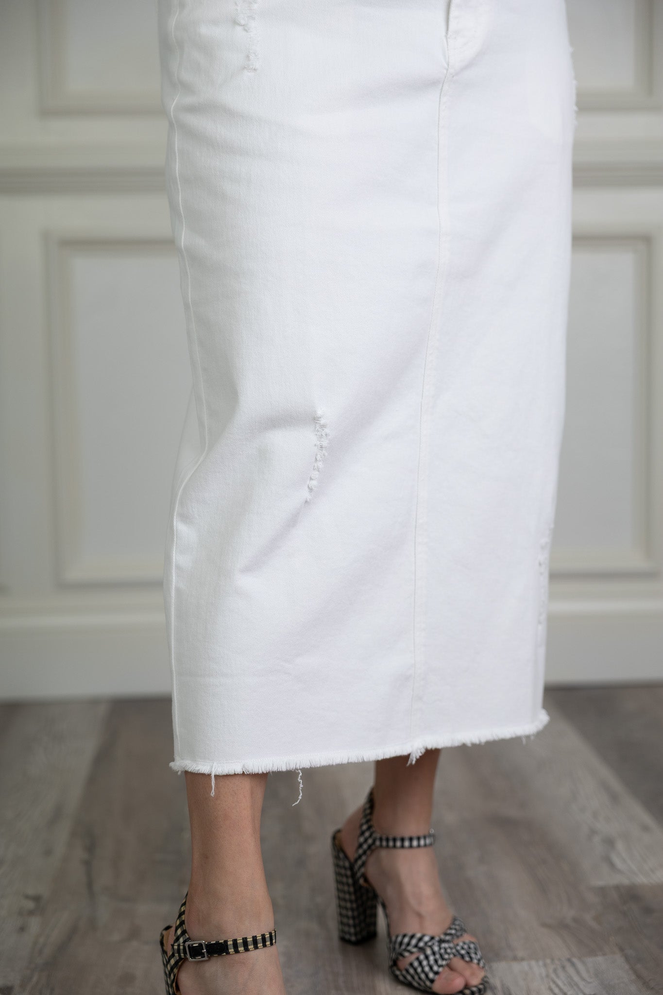 Modest denim skirt with stretch waistband and front/back pockets – available in 27", 31", and 34" lengths – Nuggles® exclusive