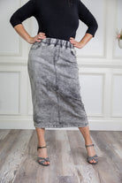 Modest denim skirt with stretch waistband and front/back pockets – available in 27", 31", and 34" lengths – Nuggles® exclusive