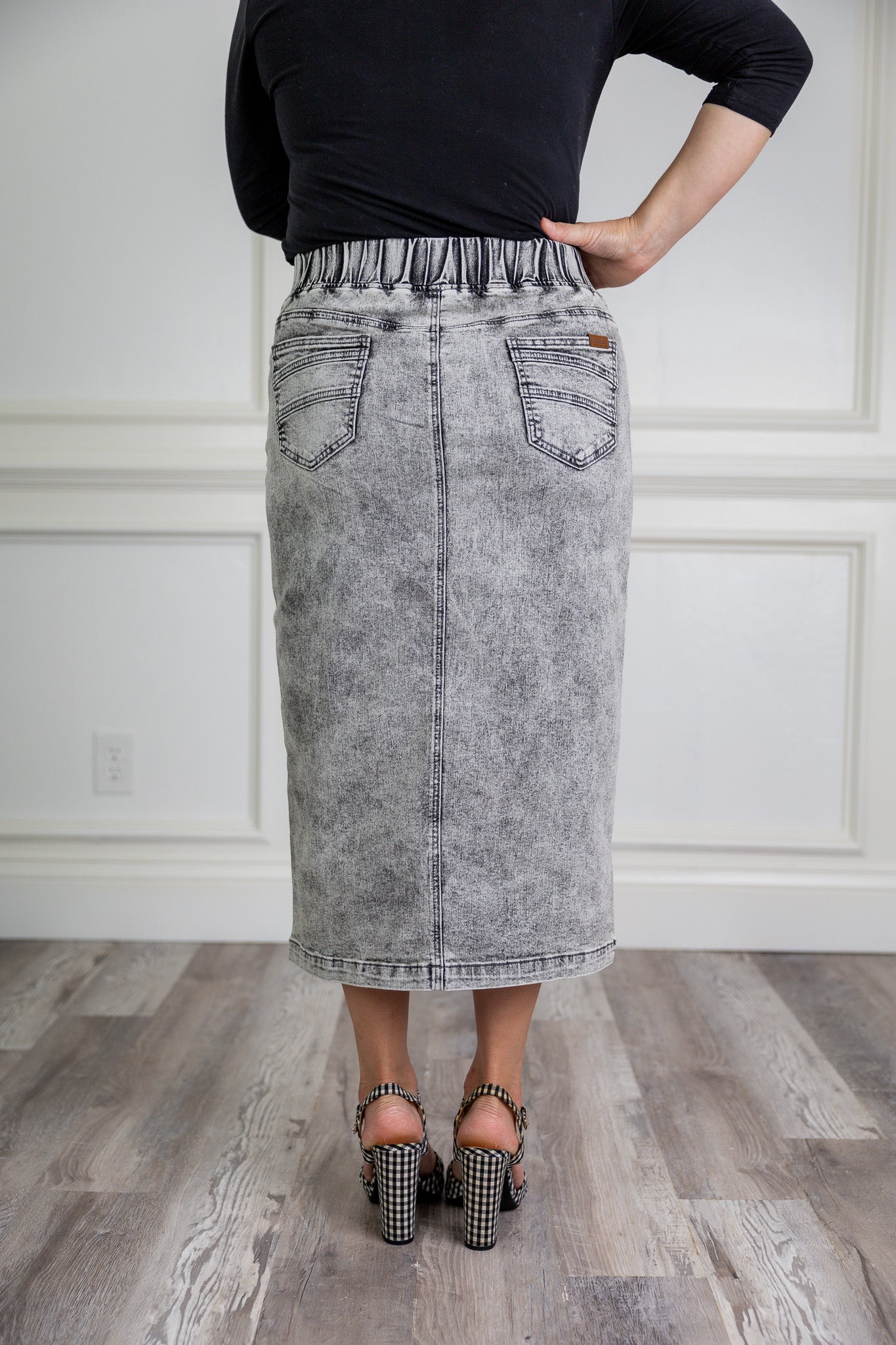 Modest denim skirt with stretch waistband and front/back pockets – available in 27", 31", and 34" lengths – Nuggles® exclusive