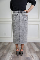 Modest denim skirt with stretch waistband and front/back pockets – available in 27", 31", and 34" lengths – Nuggles® exclusive