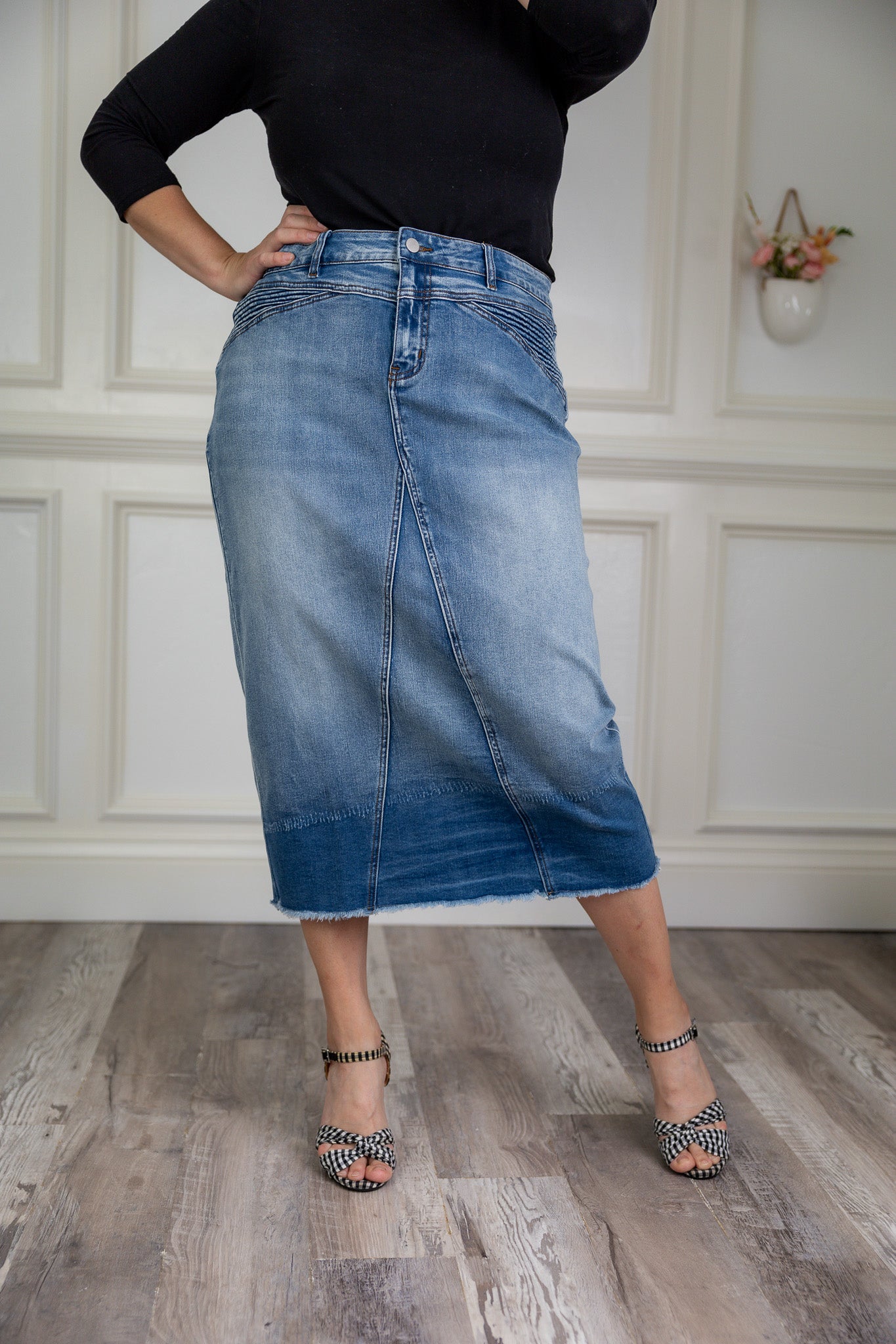 Modest denim skirt with stretch waistband and front/back pockets – available in 27", 31", and 34" lengths – Nuggles® exclusive