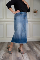 Modest denim skirt with stretch waistband and front/back pockets – available in 27", 31", and 34" lengths – Nuggles® exclusive