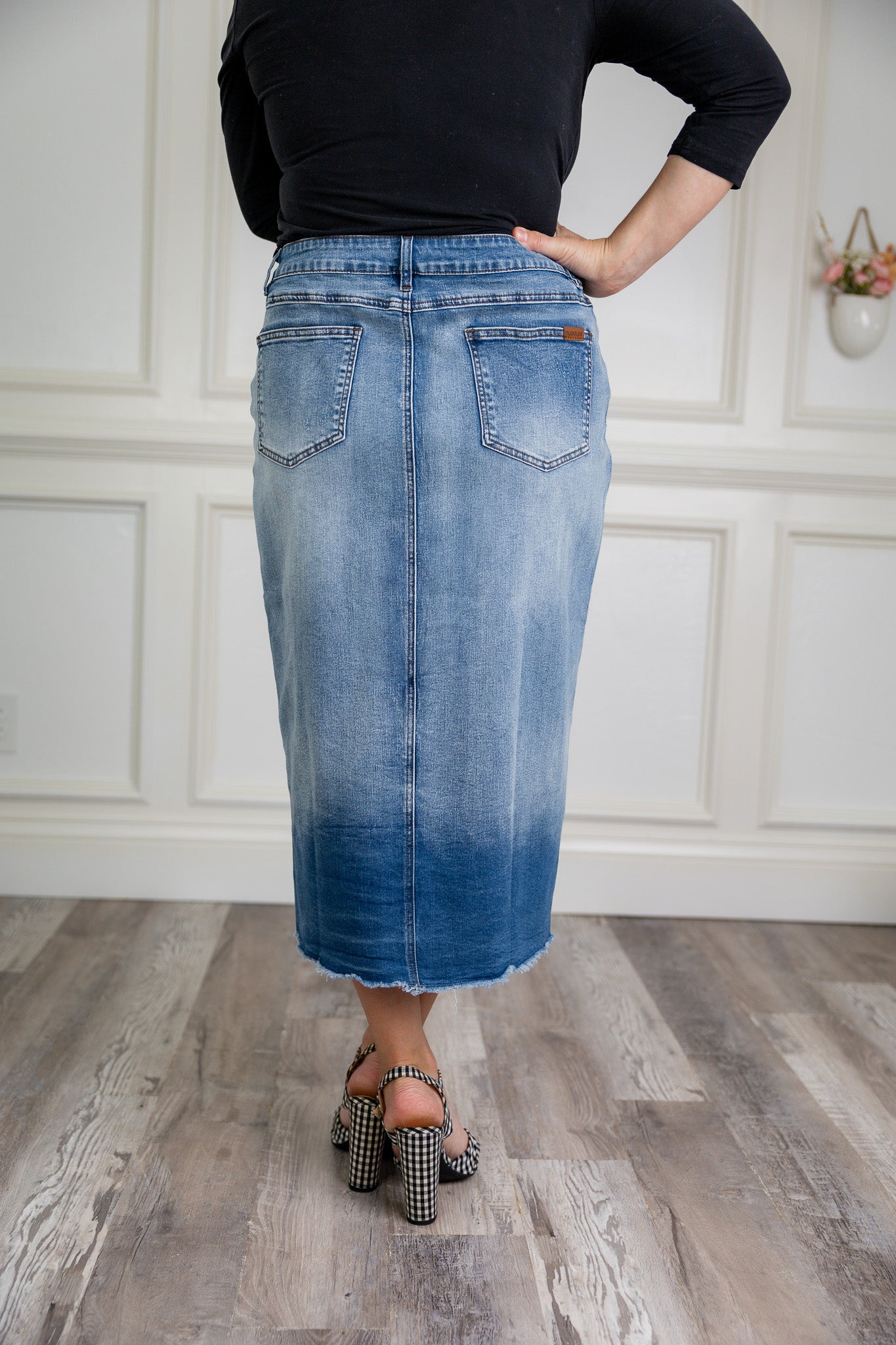 Modest denim skirt with stretch waistband and front/back pockets – available in 27", 31", and 34" lengths – Nuggles® exclusive
