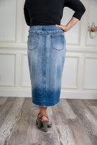 Modest denim skirt with stretch waistband and front/back pockets – available in 27", 31", and 34" lengths – Nuggles® exclusive