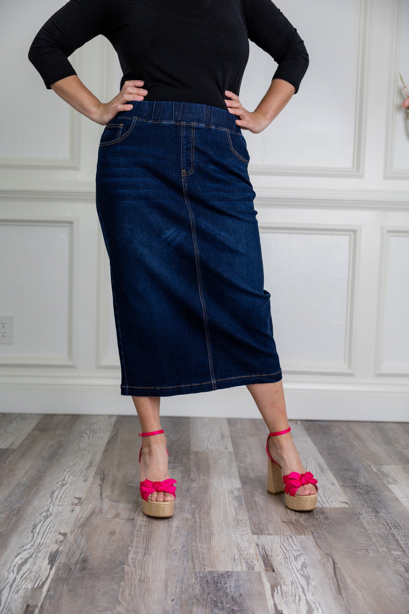 Modest denim skirt with stretch waistband and front/back pockets – available in 27", 31", and 34" lengths – Nuggles® exclusive