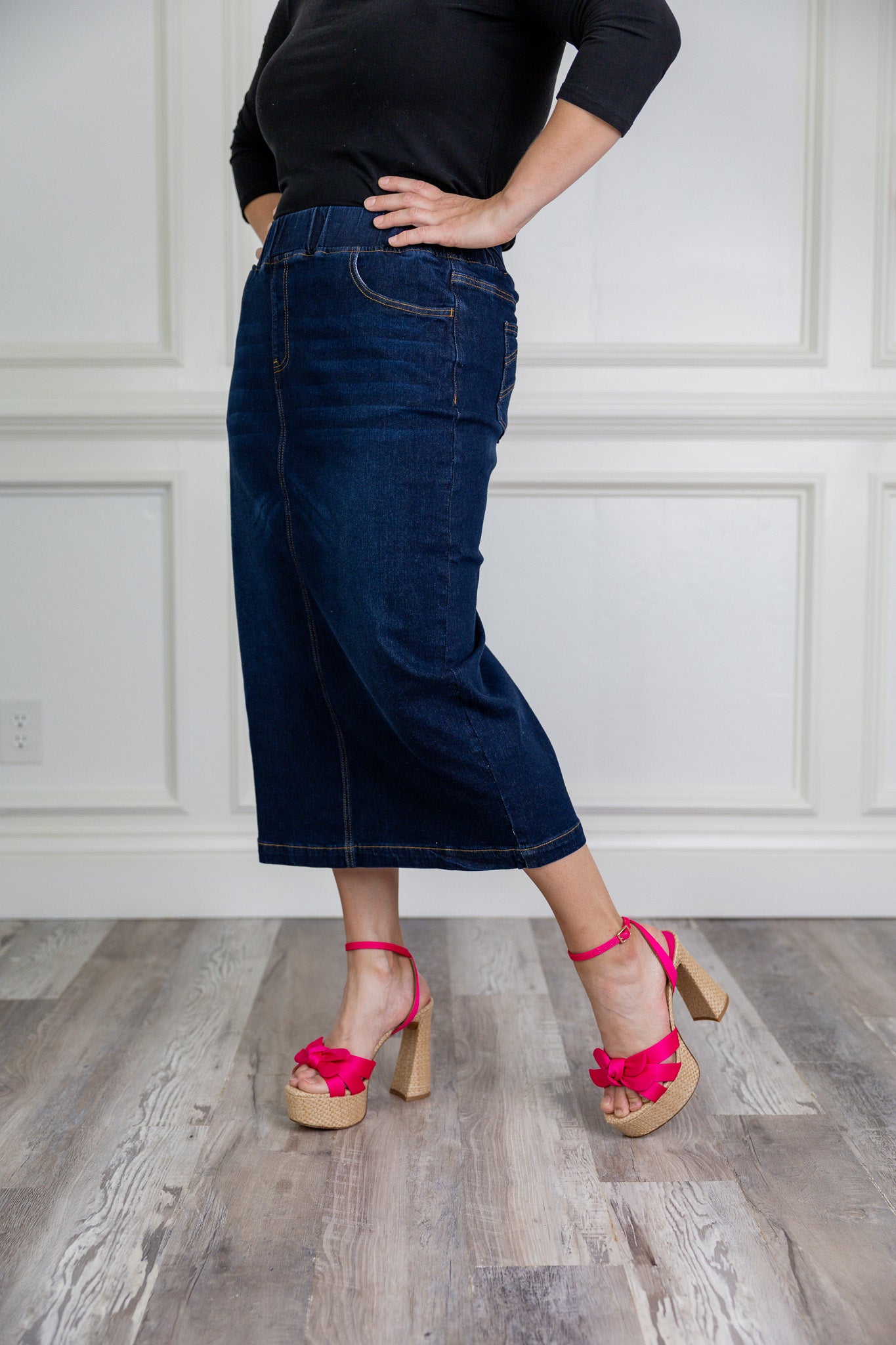 Modest denim skirt with stretch waistband and front/back pockets – available in 27", 31", and 34" lengths – Nuggles® exclusive