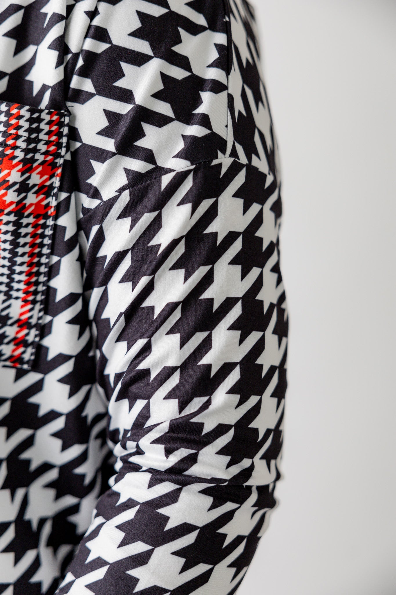 Modest women's Paisley Top with 3/4 sleeves, front pocket, and contrast knit fabrics, styled with a classic skirt – perfect for everyday wear or church outfits