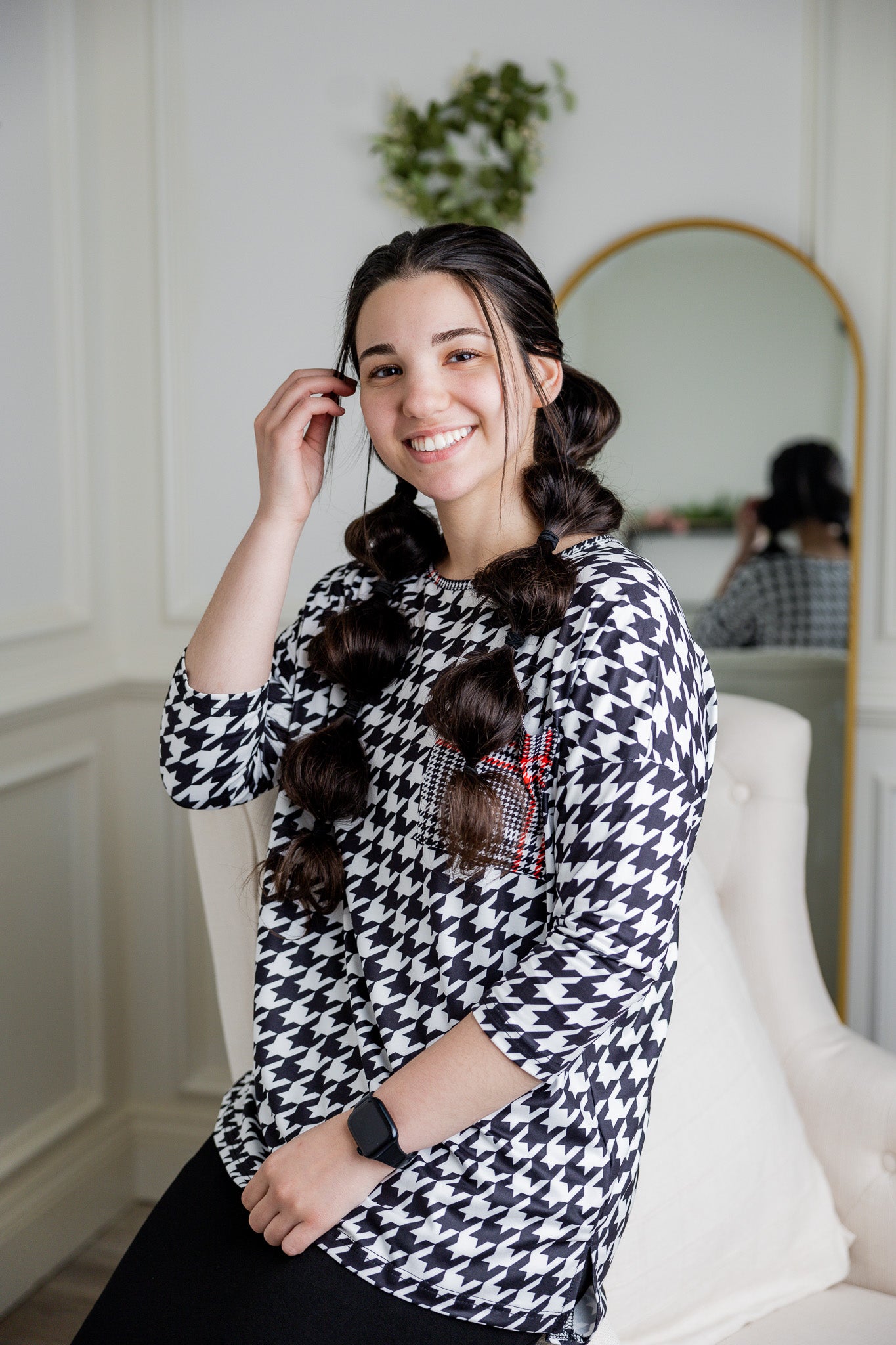 Modest women's Paisley Top with 3/4 sleeves, front pocket, and contrast knit fabrics, styled with a classic skirt – perfect for everyday wear or church outfits