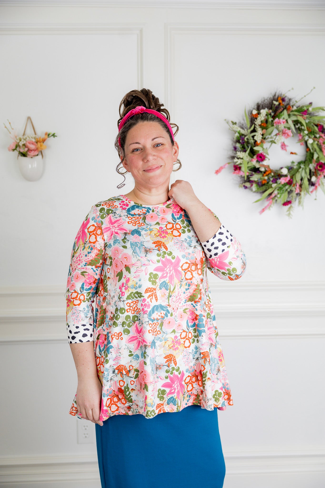 3/4 sleeve tunic top modest prints