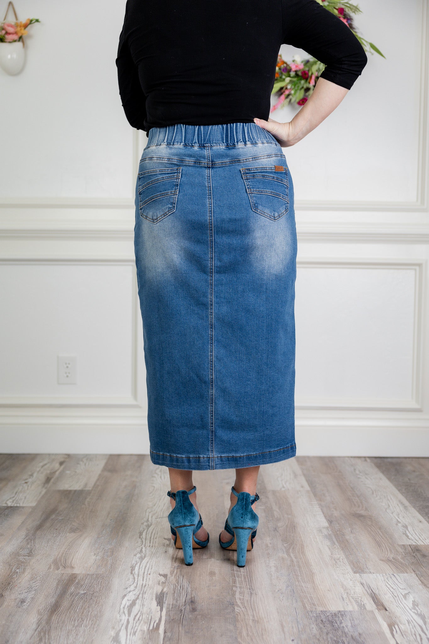 Model wearing Nuggles® modest 34" Denim Skirt.